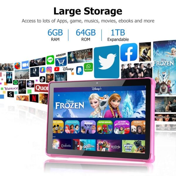 10.1 Inch Android 13 Tablet Kids Tablets: 6Gb + 64Gb, 1Tb Expandable | 2.0Ghz Octa-Core, Dual Cameras (5Mp+8Mp), Hd Ips Screen, Wifi 5, Bluetooth 5.0, Gms Certified, Pink