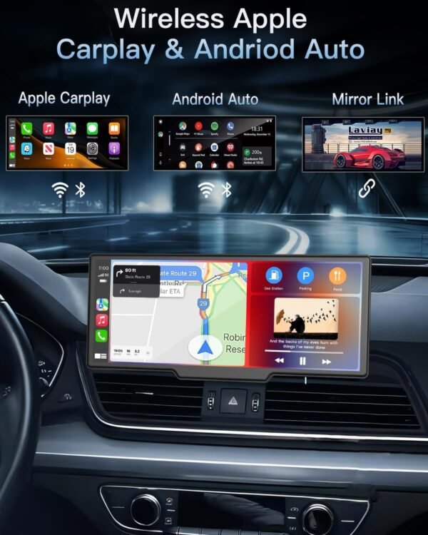 10.26 Inch Portable Wireless Touch Screen Apple Carplay, Android Auto, Mirror Link With 4K Dash Cam, 1080P Camera, Gps Navigation, Bluetooth, Siri/Google Navigation Car Screen...