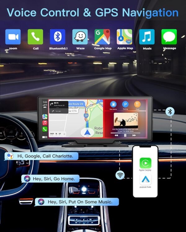 10.26 Inch Portable Wireless Touch Screen Apple Carplay, Android Auto, Mirror Link With 4K Dash Cam, 1080P Camera, Gps Navigation, Bluetooth, Siri/Google Navigation Car Screen...