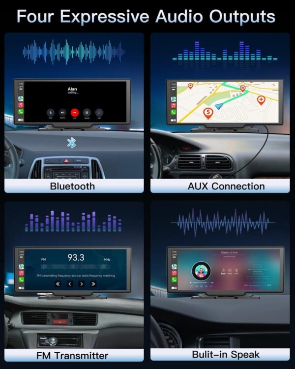 10.26 Inch Portable Wireless Touch Screen Apple Carplay, Android Auto, Mirror Link With 4K Dash Cam, 1080P Camera, Gps Navigation, Bluetooth, Siri/Google Navigation Car Screen...