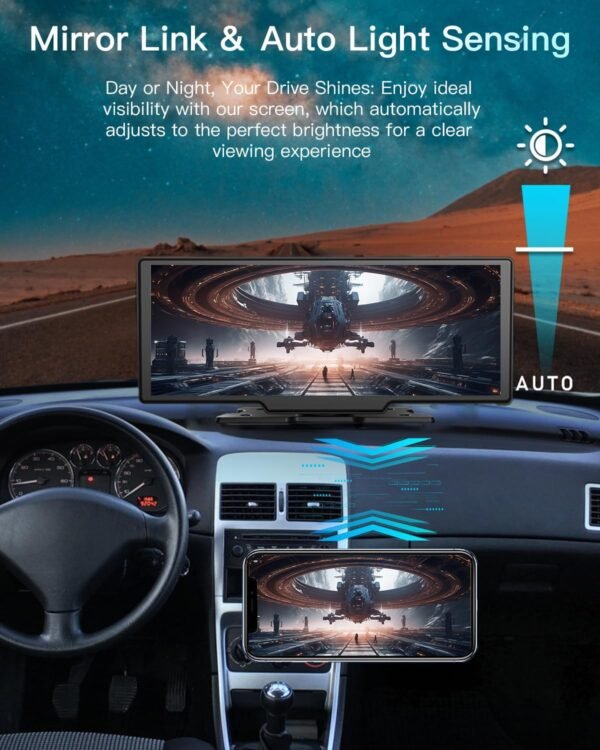 10.26 Inch Portable Wireless Touch Screen Apple Carplay, Android Auto, Mirror Link With 4K Dash Cam, 1080P Camera, Gps Navigation, Bluetooth, Siri/Google Navigation Car Screen...