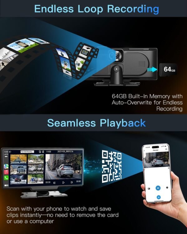 10.26 Inch Portable Wireless Touch Screen Apple Carplay, Android Auto, Mirror Link With 4K Dash Cam, 1080P Camera, Gps Navigation, Bluetooth, Siri/Google Navigation Car Screen...