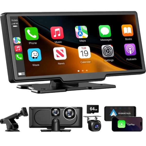 10.26 Inch Portable Wireless Touch Screen Apple Carplay, Android Auto, Mirror Link With 4K Dash Cam, 1080P Camera, Gps Navigation, Bluetooth, Siri/Google Navigation Car Screen...