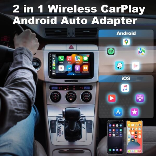 2 In 1 Wireless Carplay &Amp; Android Auto Adapter, Plug &Amp; Plug Auto Connect No Delay, Converts Wired To Wireless For Factory Wired Cars From 2016+, Compatible For Iphone &Amp; Android...