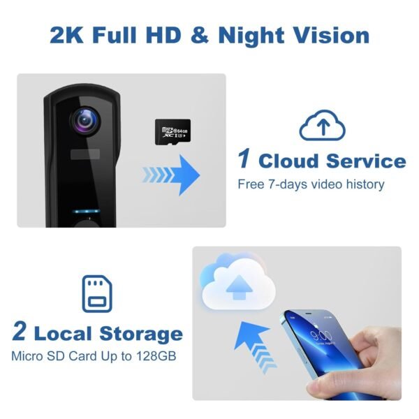 2K Video Doorbell Camera Wireless Door Bell Battery Powered With 2.4Ghz Wifi,Ai&Amp;Pir Motion Detection,Two-Way Audio,Ip65 Waterproof,Night Vision,Surveillance,Cloud Storage,Free...