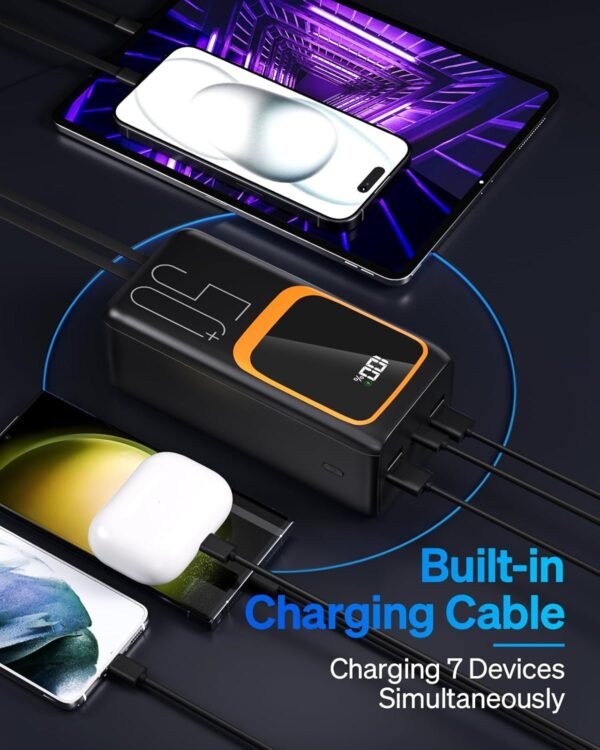 50000Mah Power Bank With Built-In Cable: 22.5W Fast Charging External Battery With Large Capacity, Portable Charger With Led Flashlight And 7 Outputs &Amp; 3 Inputs.
