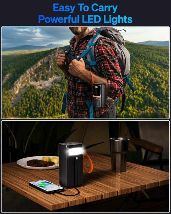 50000Mah Power Bank With Built-In Cable: 22.5W Fast Charging External Battery With Large Capacity, Portable Charger With Led Flashlight And 7 Outputs &Amp; 3 Inputs.