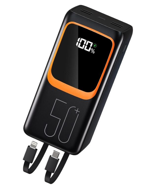 50000Mah Power Bank With Built-In Cable: 22.5W Fast Charging External Battery With Large Capacity, Portable Charger With Led Flashlight And 7 Outputs &Amp; 3 Inputs.
