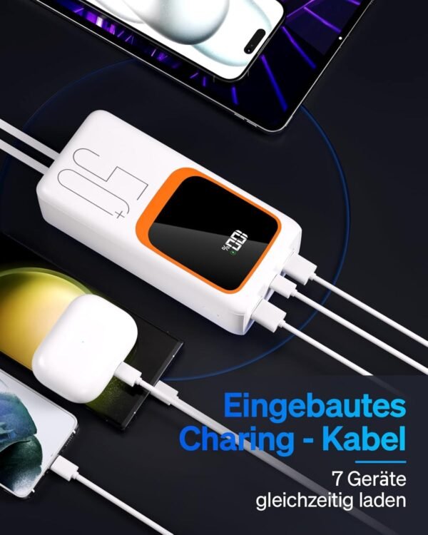 50000Mah Power Bank With Built-In Cable: 22.5W Fast Charging External Battery With Large Capacity, Portable Charger With Led Flashlight And 7 Outputs &Amp; 3 Inputs.