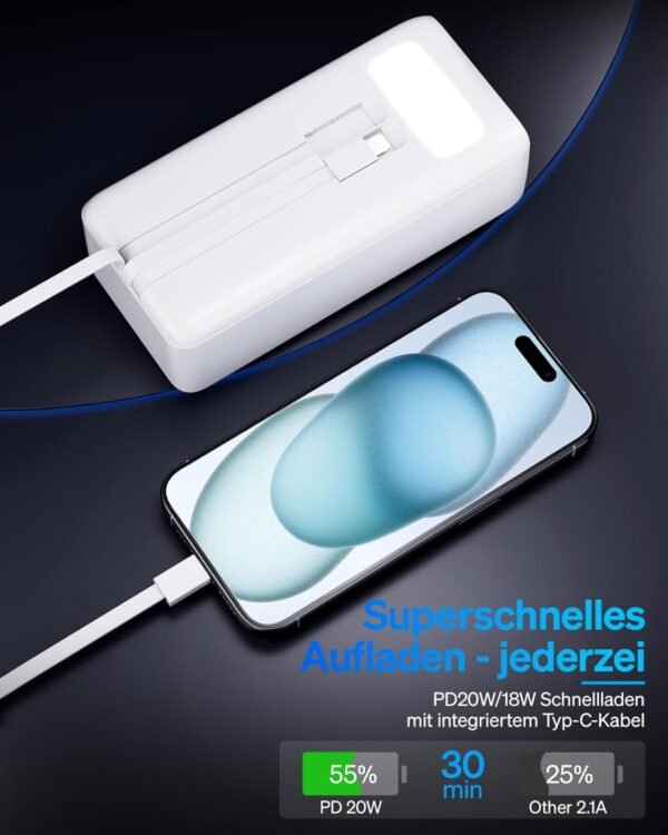 50000Mah Power Bank With Built-In Cable: 22.5W Fast Charging External Battery With Large Capacity, Portable Charger With Led Flashlight And 7 Outputs &Amp; 3 Inputs.