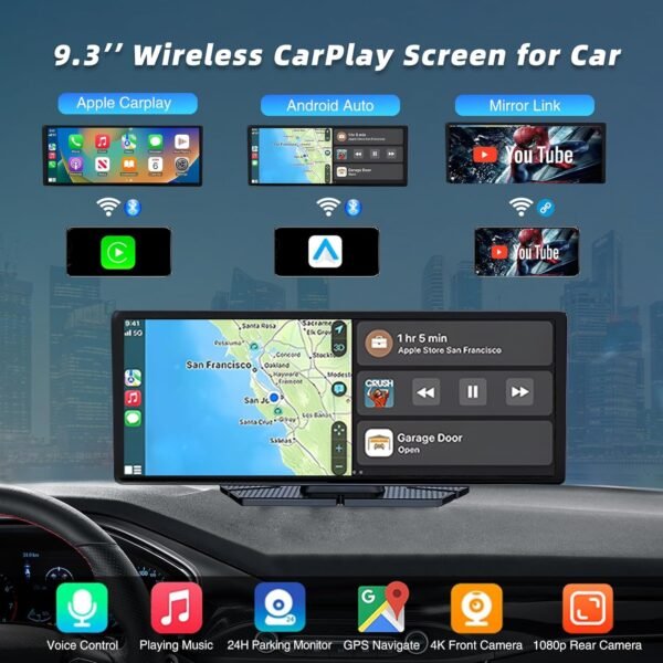 9.3’’ Portable Wireless Carplay &Amp; Android Auto Screen For Car - With 4K Dash Cam 1080P Backup Camera,Bluetooth,Gps Navigation,Voice Control