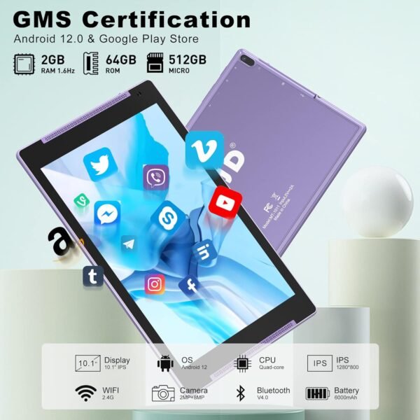Android 12 Tablet, Tjd 10 Inch Tablets, 2Gb Ram 64Gb Rom 512Gb Expandable Storage Tablets Pc, Quad Core Processor, Wifi, Ips + Touch Screen, Large Battery, Bluetooth, 8.0Mp...