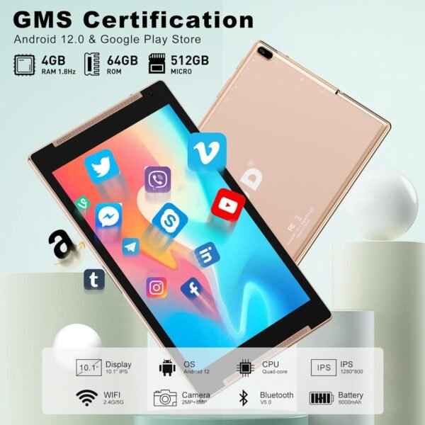 Android 12 Tablet, Tjd 10 Inch Tablets, 2Gb Ram 64Gb Rom 512Gb Expandable Storage Tablets Pc, Quad Core Processor, Wifi, Ips + Touch Screen, Large Battery, Bluetooth, 8.0Mp...
