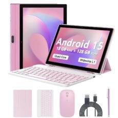 Android 15 Tablet 10 Inch, 18GB RAM+128GB ROM/2TB Expandable Tablet, 2 in 1 Tablets with Keyboard Case Mouse Stylus, 2.0GHz Quad-core CPU, 1280*800 IPS HD Screen, 5G WiFi6 BT...