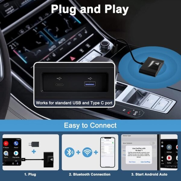 Android Auto Wireless Adapter Plug And Play Car Dongle For Factory Wired Android Auto In All Cars - 5Ghz Wifi Online Upgrade, Low Latency And Easy To Install