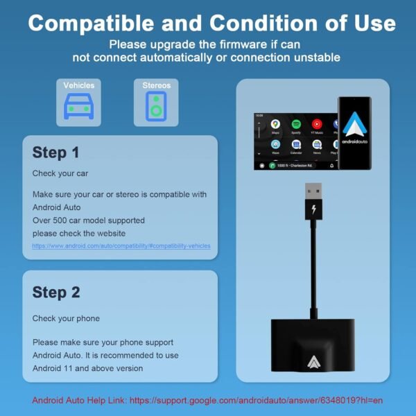 Android Auto Wireless Adapter Plug And Play Car Dongle For Factory Wired Android Auto In All Cars - 5Ghz Wifi Online Upgrade, Low Latency And Easy To Install