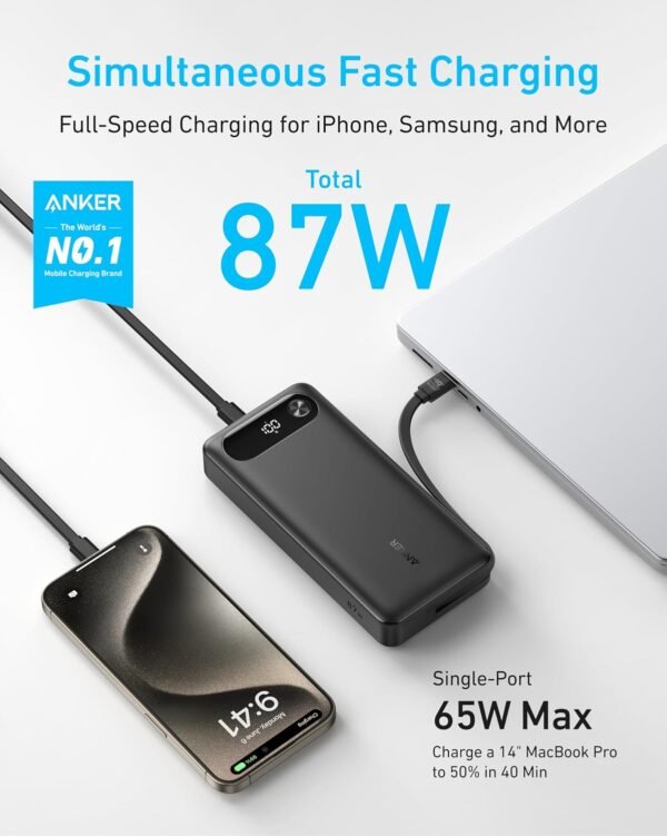 Anker Power Bank, 20,000Mah Portable Charger With Built-In Usb-C Cable, 87W Max Fast Charging Battery Pack For Laptop, 2 Usb-C And 1 Usb-A, For Macbook, Iphone 16/15 Series,...