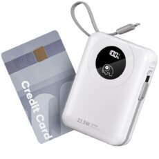 Built-in Cable 20000mAh Power Bank: 22.5W Fast Charging External Battery for Mobile Phone, USB C (Input & Output) Battery Pack, Portable Charger with 4 Outputs & 2 Inputs-White