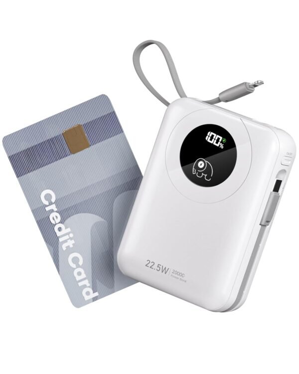 Built-In Cable 20000Mah Power Bank: 22.5W Fast Charging External Battery For Mobile Phone, Usb C (Input &Amp; Output) Battery Pack, Portable Charger With 4 Outputs &Amp; 2 Inputs-White