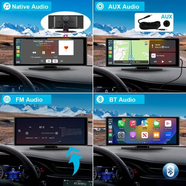 Car Stereo 10.25 Inch Portable Car Audio Carplay Android Auto Airplay Mirrorlink 4K Dash Cam + 1080P Rear Backup Camera + 64Gb Micro Sd Card Driving Recorder Parking Assistance