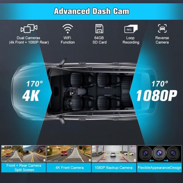 Car Stereo 10.25 Inch Portable Car Audio Carplay Android Auto Airplay Mirrorlink 4K Dash Cam + 1080P Rear Backup Camera + 64Gb Micro Sd Card Driving Recorder Parking Assistance