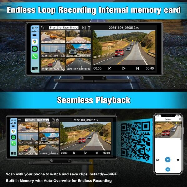 Car Stereo 10.25 Inch Portable Car Audio Carplay Android Auto Airplay Mirrorlink 4K Dash Cam + 1080P Rear Backup Camera + 64Gb Micro Sd Card Driving Recorder Parking Assistance