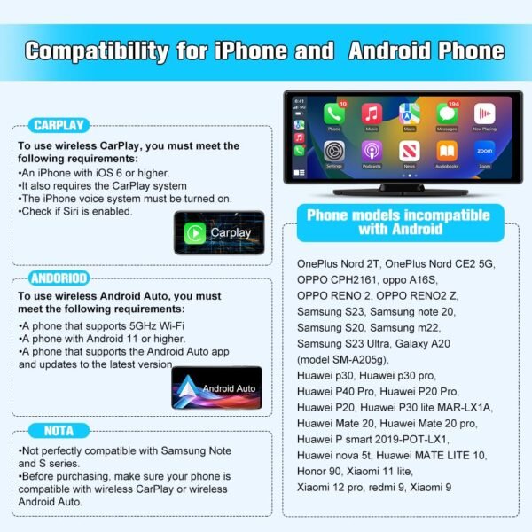 Car Stereo 10.25 Inch Portable Car Audio Carplay Android Auto Airplay Mirrorlink 4K Dash Cam + 1080P Rear Backup Camera + 64Gb Micro Sd Card Driving Recorder Parking Assistance