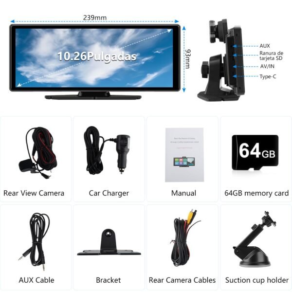 Car Stereo 10.25 Inch Portable Car Audio Carplay Android Auto Airplay Mirrorlink 4K Dash Cam + 1080P Rear Backup Camera + 64Gb Micro Sd Card Driving Recorder Parking Assistance