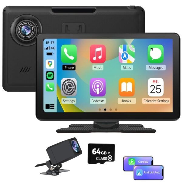Car Stereo 10.25 Inch Portable Car Audio Carplay Android Auto Airplay Mirrorlink 4K Dash Cam + 1080P Rear Backup Camera + 64Gb Micro Sd Card Driving Recorder Parking Assistance