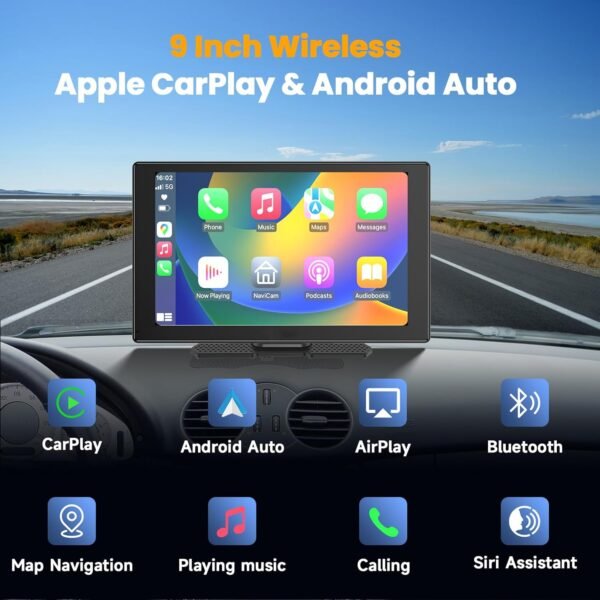 Carplay Screen 9 Inch Wireless Carplay &Amp; Android Auto With 1080P Backup Camera, Portable Car Stereo Navigation, Mirror Link, Bluetooth, Aux/Fm, Gift Of Drive Mate
