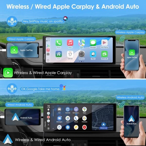 Carpuride 10.26 Inch Wireless/Wired Apple Carplay, Android Auto And Mirror Link - 1600 * 600 Ips Touch Screen Portable Car Stereo, Bluetooth Audio, Siri, Navigation Car Screen...