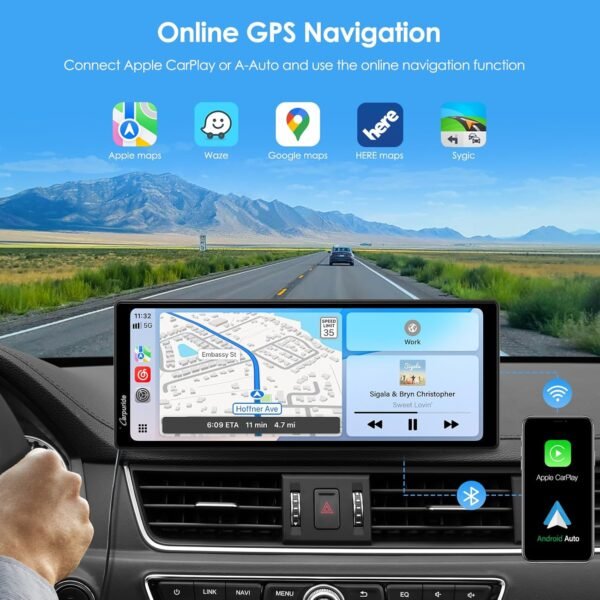Carpuride 10.26 Inch Wireless/Wired Apple Carplay, Android Auto And Mirror Link - 1600 * 600 Ips Touch Screen Portable Car Stereo, Bluetooth Audio, Siri, Navigation Car Screen...