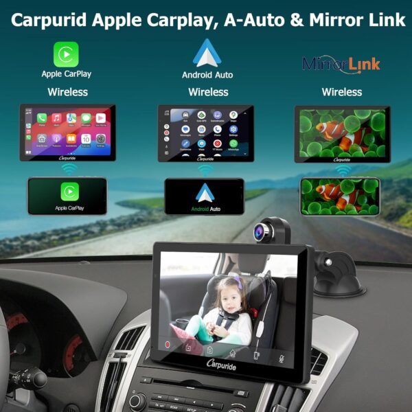 Carpuride W703 Portable Wireless Carplay &Amp; Android Auto With Dash Cam-7&Quot; Hd Ips Screen, 4K Front Cam &Amp; 1080P Backup Cam, Loop Recording,Bluetooth,Mirror Link,Gps,Siri,Play...