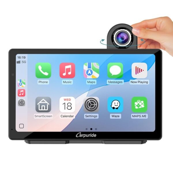 Carpuride W703 Portable Wireless Carplay &Amp; Android Auto With Dash Cam-7&Quot; Hd Ips Screen, 4K Front Cam &Amp; 1080P Backup Cam, Loop Recording,Bluetooth,Mirror Link,Gps,Siri,Play...