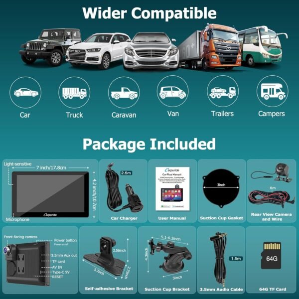 Carpuride W703 Portable Wireless Carplay &Amp; Android Auto With Dash Cam-7&Quot; Hd Ips Screen, 4K Front Cam &Amp; 1080P Backup Cam, Loop Recording,Bluetooth,Mirror Link,Gps,Siri,Play...