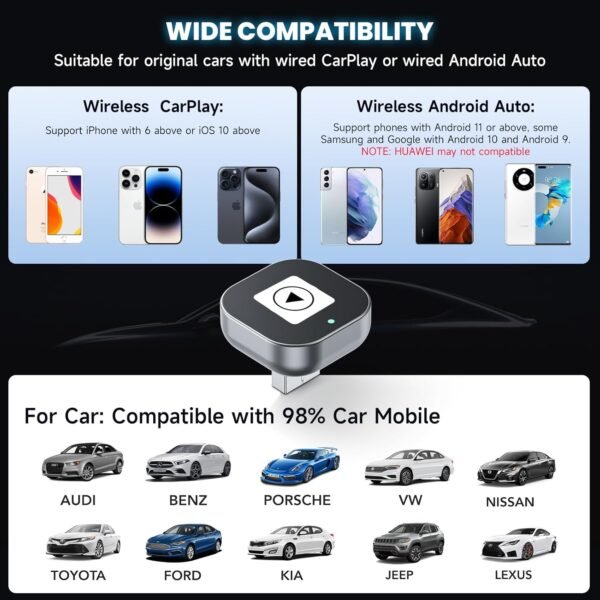 Cl322 Wireless Carplay &Amp; Android Auto Adapter – 2025 Upgrade Mini Design - Converts Oem Wired To Wireless, Plug &Amp; Play, Auto Reconnect, Compatible With Iphone 6+, Android 11+...