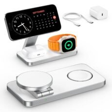 EXW for MagSafe Charger,3 in 1 Fast Charging Station,Foldable Wireless Charger Stand for iPhone 12-16,Travel Magnetic Charger for AirPods and Apple Watch (Adapter Included) (White)