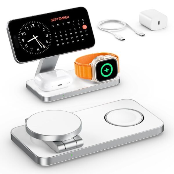 Exw For Magsafe Charger,3 In 1 Fast Charging Station,Foldable Wireless Charger Stand For Iphone 12-16,Travel Magnetic Charger For Airpods And Apple Watch (Adapter Included) (White)
