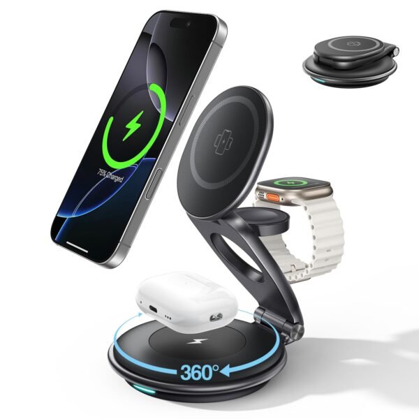 Exw New Magnetic Wireless Charger For Apple Devices,Portable And Foldable For Magsafe Charger,3 In 1 Charging Station For Iphone 16/15/14/13/12 Series,Apple Watch And Airpods...