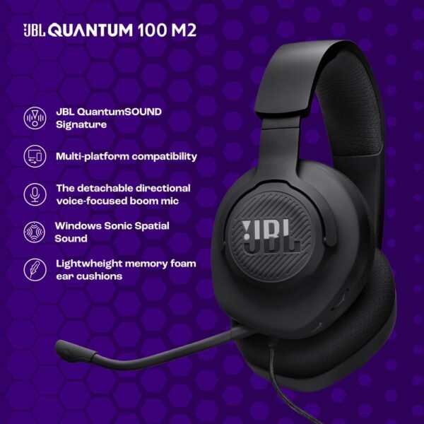 Jbl Quantum 100M2, Be At The Center Of The Game With Jbl Quantumsound Signature, Play Even Longer With Comfortable, Breathable Fabric Ear Cushions, Make Your Voice Heard Loud...