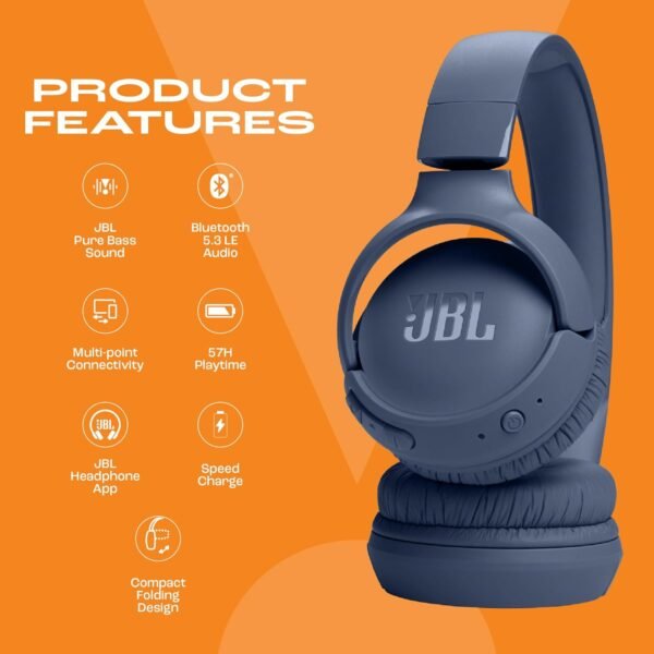 Jbl Tune 520Bt, Jbl Pure Bass Sound, Wireless Bluetooth 5.3 Technology, Customize Your Listening Experience, Up To 57H Battery Life And Speed Charge (5Mins = 3H), White