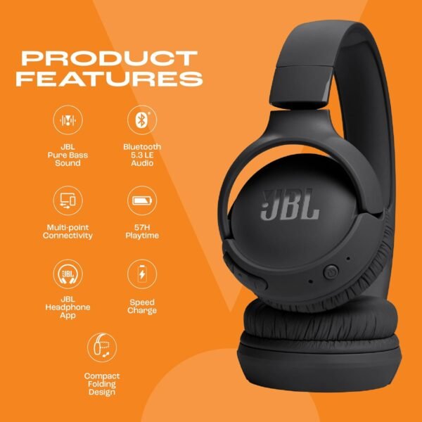 Jbl Tune 520Bt, Jbl Pure Bass Sound, Wireless Bluetooth 5.3 Technology, Customize Your Listening Experience, Up To 57H Battery Life And Speed Charge (5Mins = 3H), Black