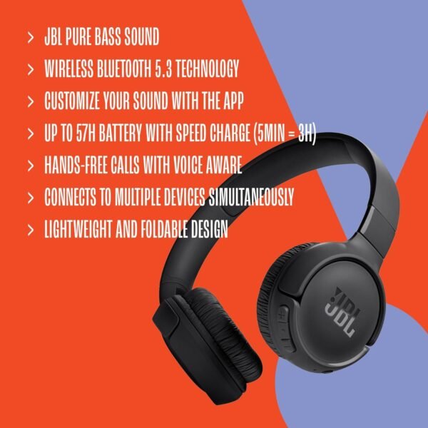 Jbl Tune 520Bt - Wireless On-Ear Headphones, Up To 57H Battery Life And Speed Charge, Lightweight, Comfortable And Foldable Design, Hands-Free Calls With Voice Aware (Purple)