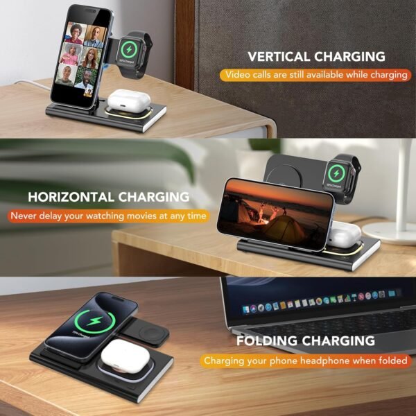 Kartice Wireless Charger,3 In 1 Folding Fast Wireless Charging Station For Iphone 16 15 14 13 12 Pro Max, Apple Charging Station With Night Light For Apple Watch 10 Ultra2 9 8...