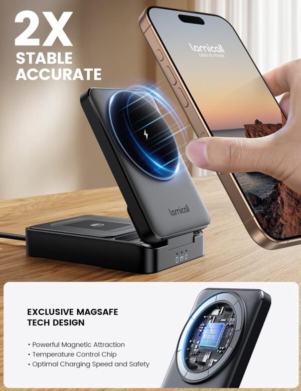 Lamicall 3 In 1 Charging Station For Apple - Foldable Wireless Charger Stand For Mag Safe Portable, Travel Wireless Charger Station For Multiple Devices For Iphone 16, 15, 14,...