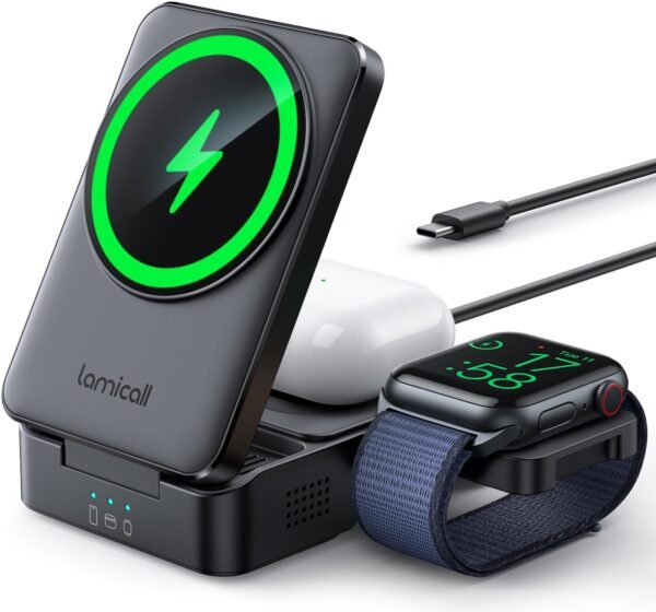Lamicall 3 In 1 Charging Station For Apple - Foldable Wireless Charger Stand For Mag Safe Portable, Travel Wireless Charger Station For Multiple Devices For Iphone 16, 15, 14,...