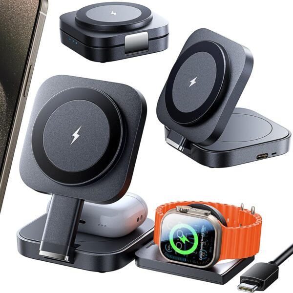 Lisen 3-In-1 Wireless Charging Station, Magsafe Charger Stand For Apple Iphone 16/15/14/13/12 Series, Apple Watch Series 9/8/7/6/Se/5/4/3/2, Airpods 2/3/Pro - Usb-C, Fast...