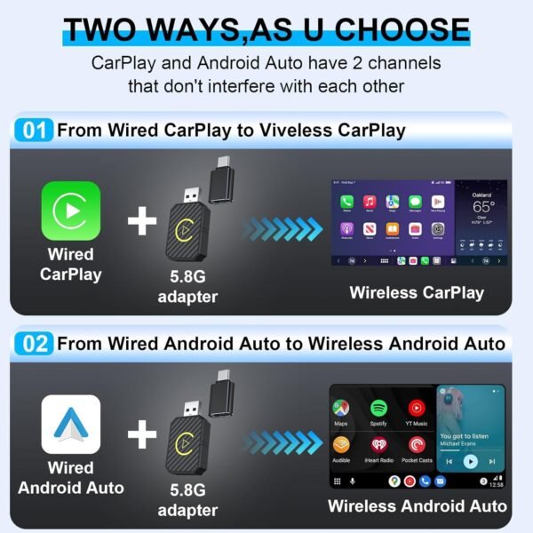 Mini Android Auto Wireless Adapter And Carplay Adapter Convert Factory Wired To Wireless Carplay Dongle, Usb Auto Adapter For Ios 12+/Android No Delay