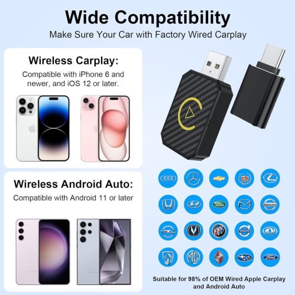 Mini Android Auto Wireless Adapter And Carplay Adapter Convert Factory Wired To Wireless Carplay Dongle, Usb Auto Adapter For Ios 12+/Android No Delay