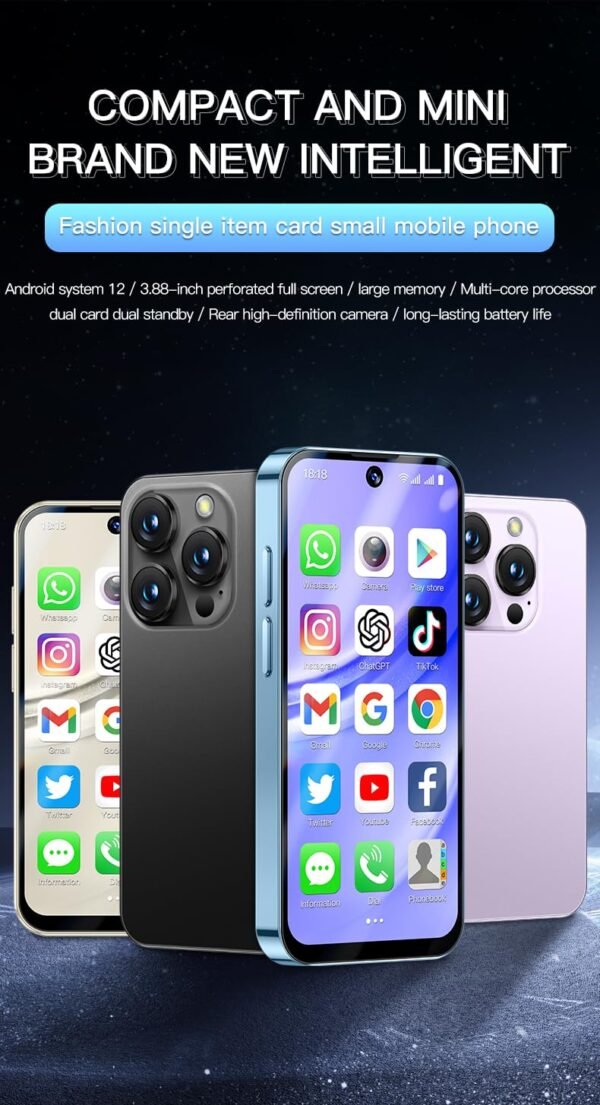 Mini Mobile Phone 4G Smartphone, 3.88 Inch Full Screen Smartphone Android 12, Dual Sim, Face Recognition, Gps, Otc,Google Play Unlocked Phone (Blue, 64, Gb, Gb, 4)